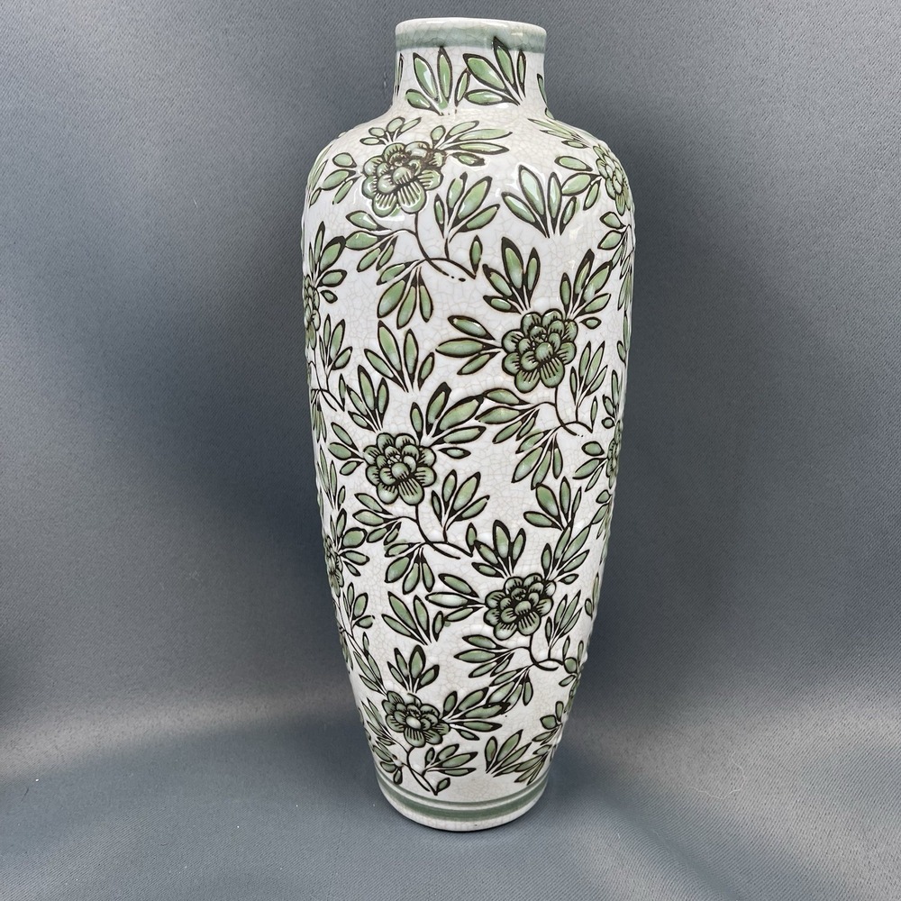 White and Green Floral Ceramic Vase 12"